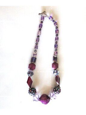 Purple & Silver Metallic Chunky Faceted Beaded Glossy Statement Necklace Vintage